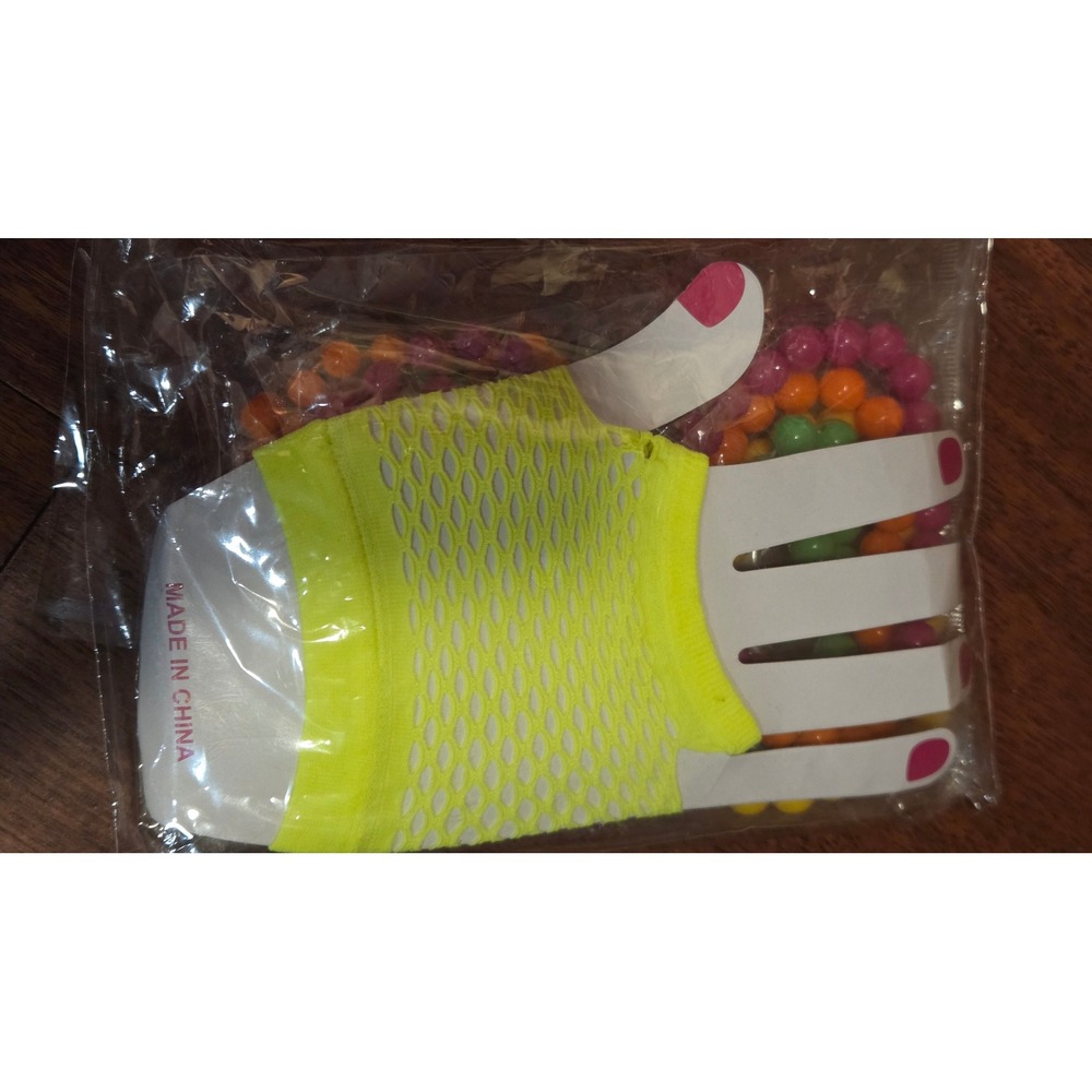 80s Neon Costume Accessory Set Necklaces Bracelets Fishnet Gloves Yellow Multi